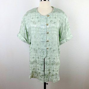 Vtg 80/90s Womens Tori Alexander Blouse Size 14 Mint Green Short Sleeves Asian